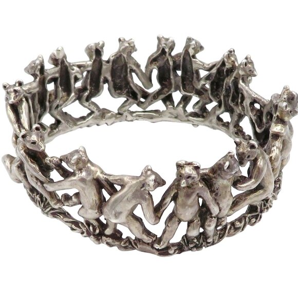 Vintage Jane Voorhees Chunky Sterling Silver Dancing Bears Crown Bangle Bracelet - Picture 8 of 10